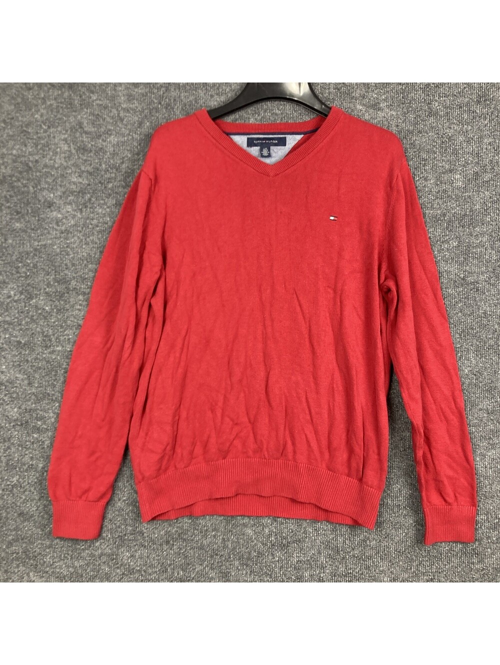 Tommy Hilfiger Mens Large Red 100% Cotton V-Neck Long Sleeve Sweater